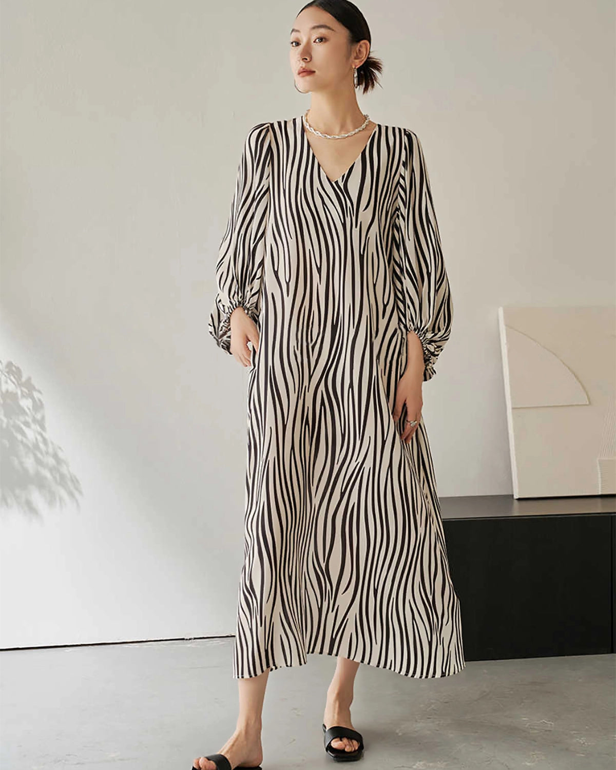 Loose Zebra Printed Silk Dress