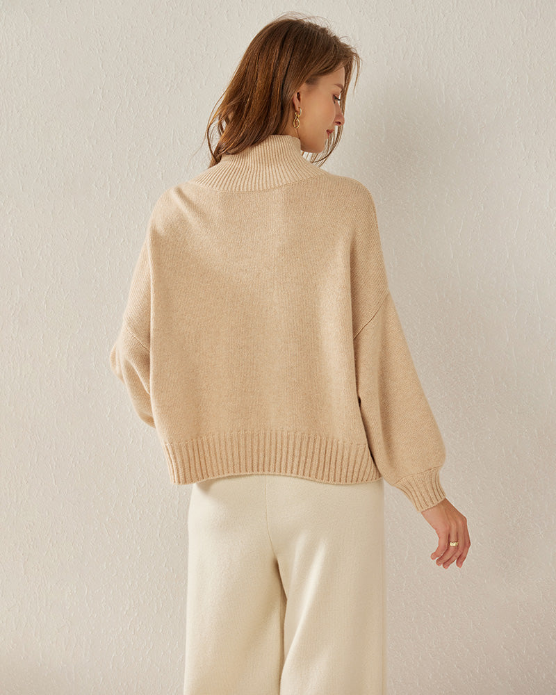 Luxe Oversized Cashmere Turtleneck Sweater Beige