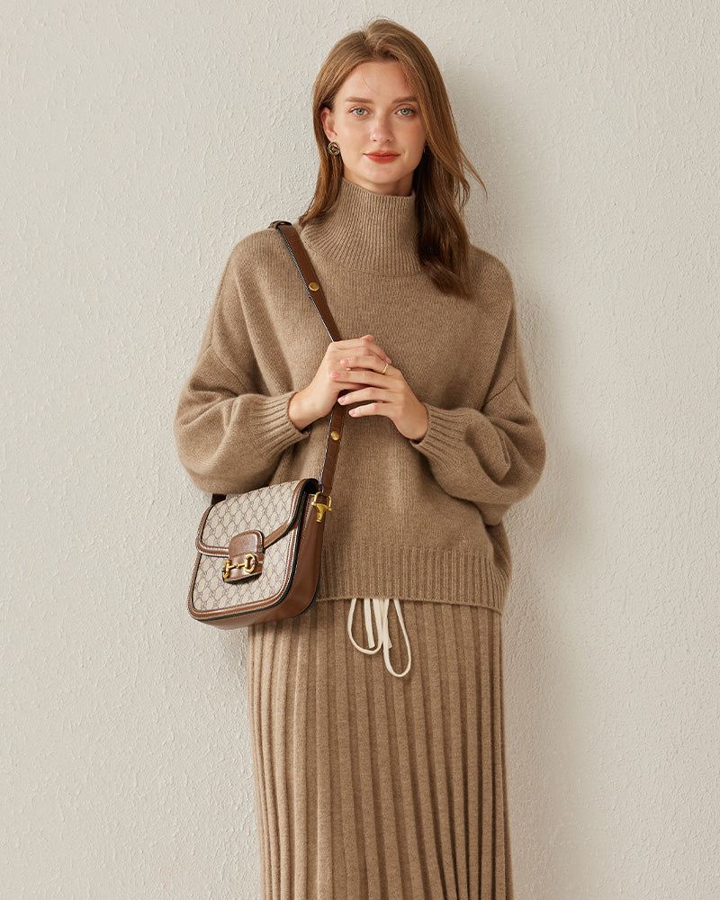 Luxe Oversized Cashmere Turtleneck Sweater Brown