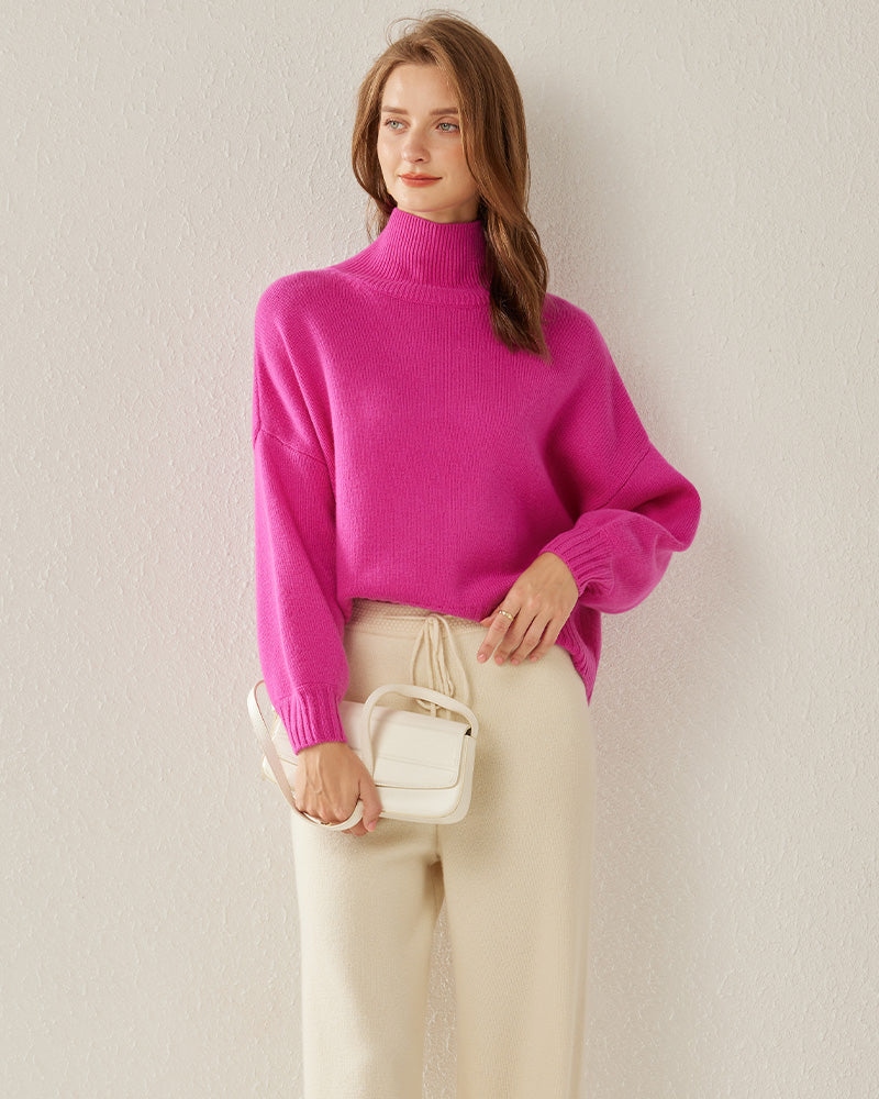 Luxe Oversized Cashmere Turtleneck Sweater Pink