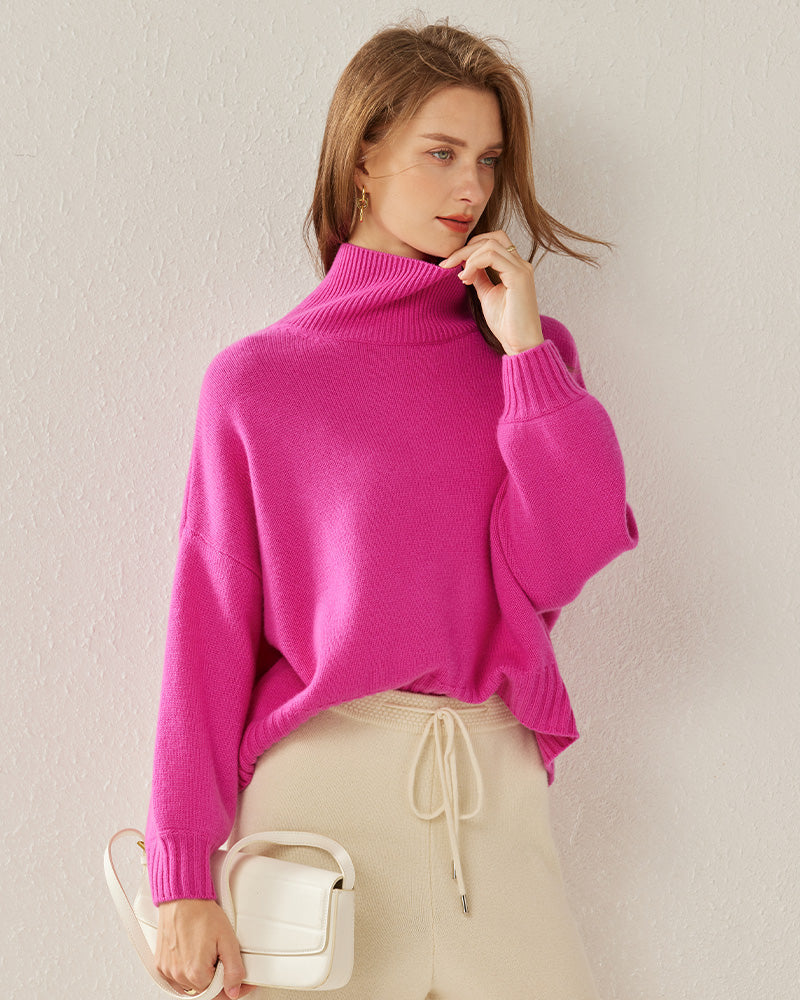 Luxe Oversized Cashmere Turtleneck Sweater Pink