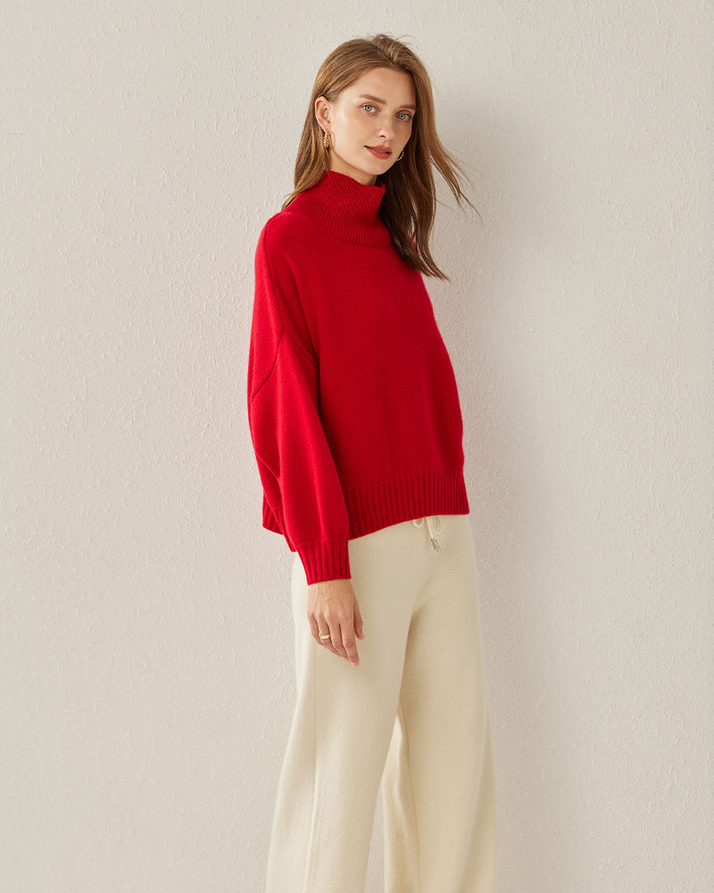 Luxe Oversized Cashmere Turtleneck Sweater Red