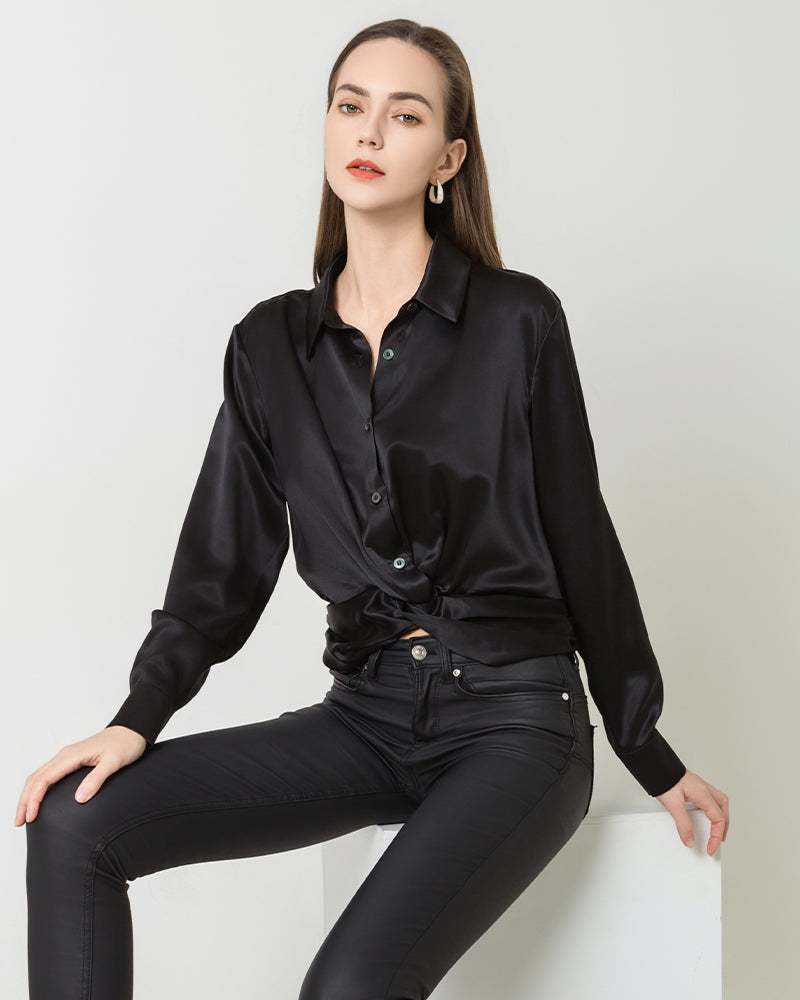 Luxury Irregular Hem Pleated Silk Blouse Black