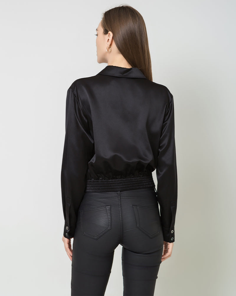Luxury Irregular Hem Pleated Silk Blouse Black
