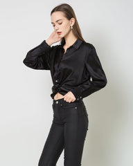 Luxury Irregular Hem Pleated Silk Blouse Black