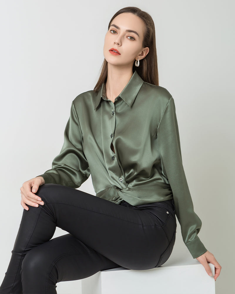 Luxury Irregular Hem Pleated Silk Blouse Olive Green