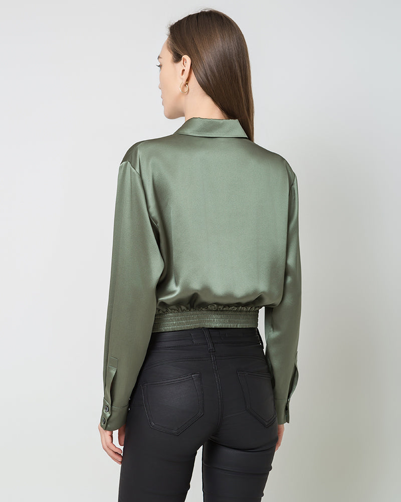 Luxury Irregular Hem Pleated Silk Blouse Olive Green