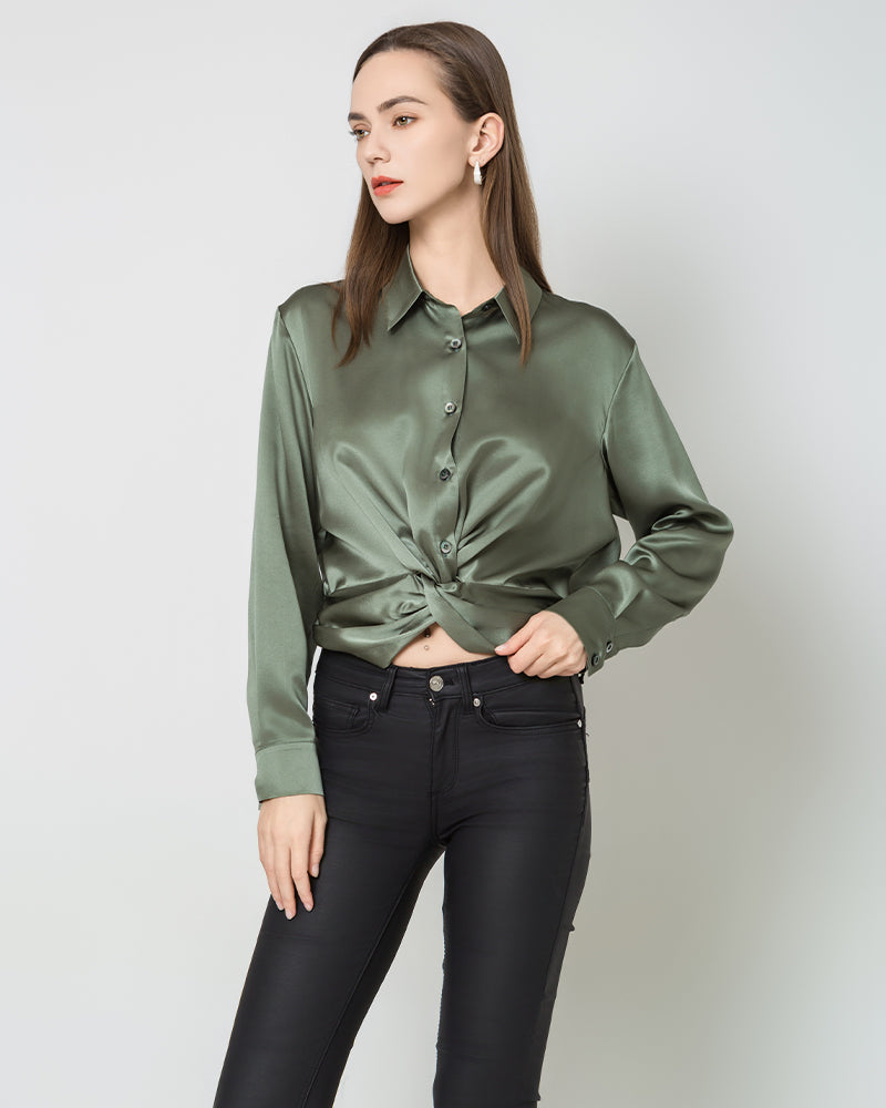 Luxury Irregular Hem Pleated Silk Blouse Olive Green
