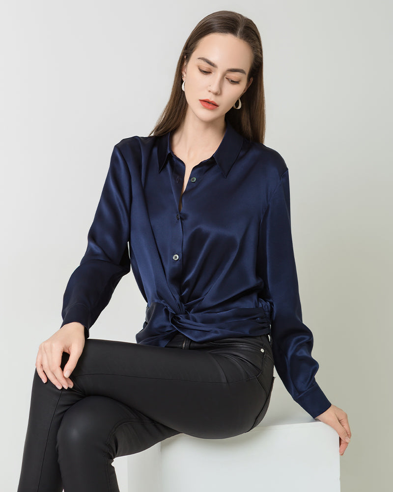 Luxury Irregular Hem Pleated Silk Blouse Navy