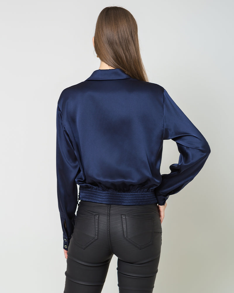 Luxury Irregular Hem Pleated Silk Blouse Navy