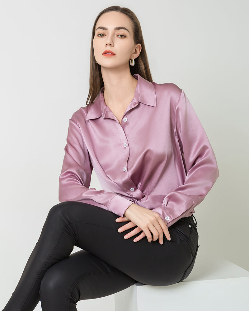 Luxury Irregular Hem Pleated Silk Blouse Purple
