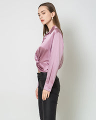 Luxury Irregular Hem Pleated Silk Blouse Purple