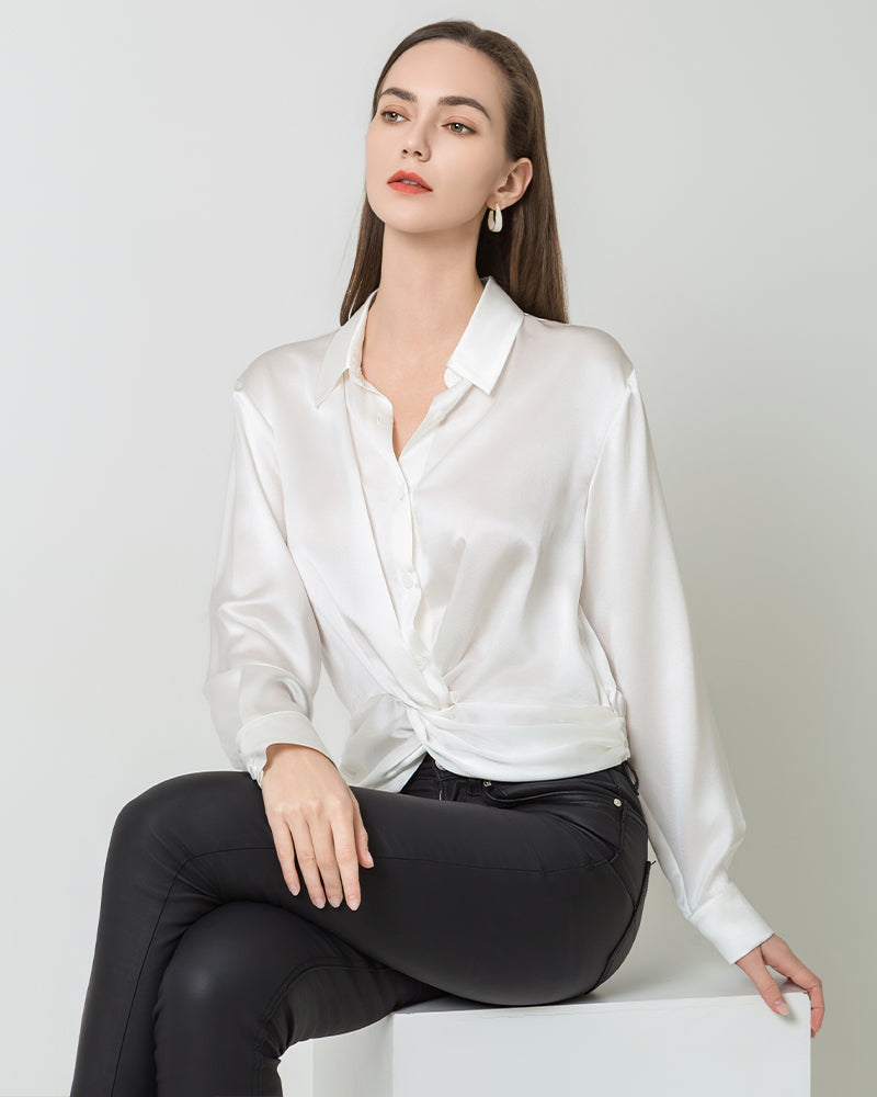 Luxury Irregular Hem Pleated Silk Blouse White