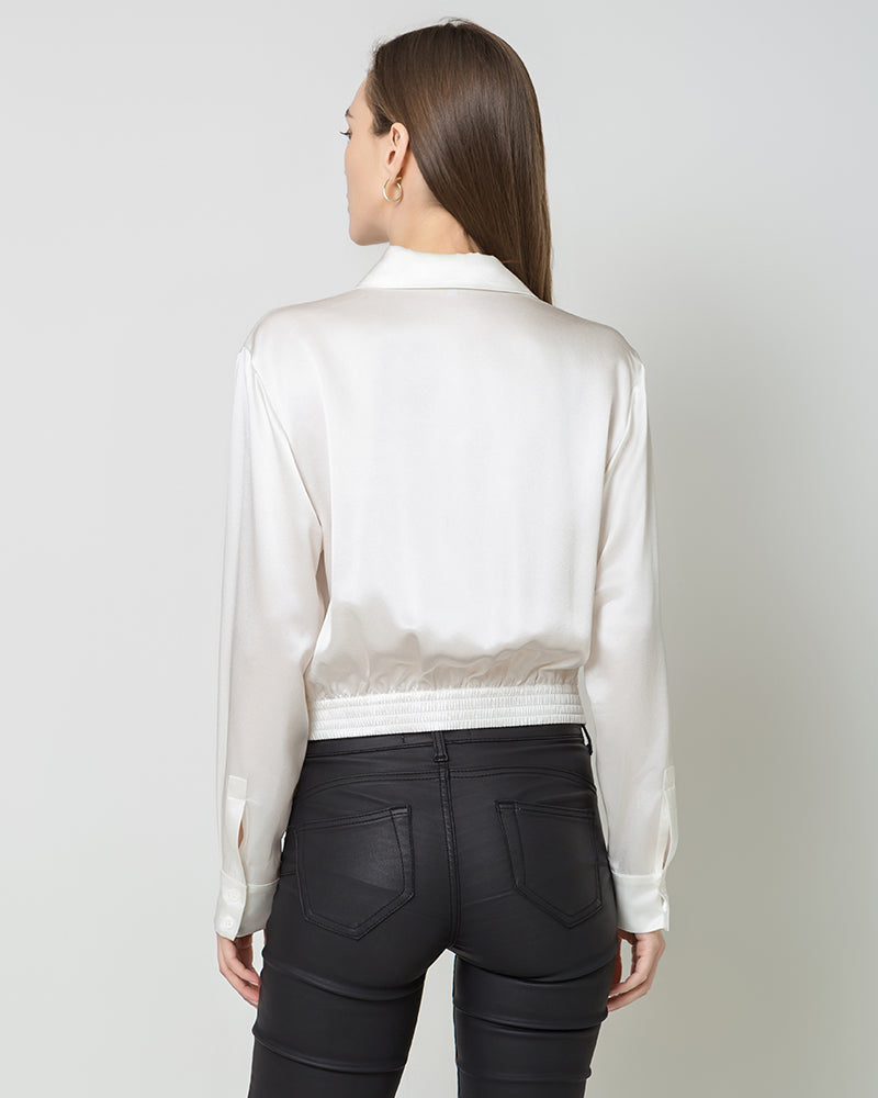 Luxury Irregular Hem Pleated Silk Blouse White