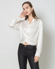 Luxury Irregular Hem Pleated Silk Blouse White