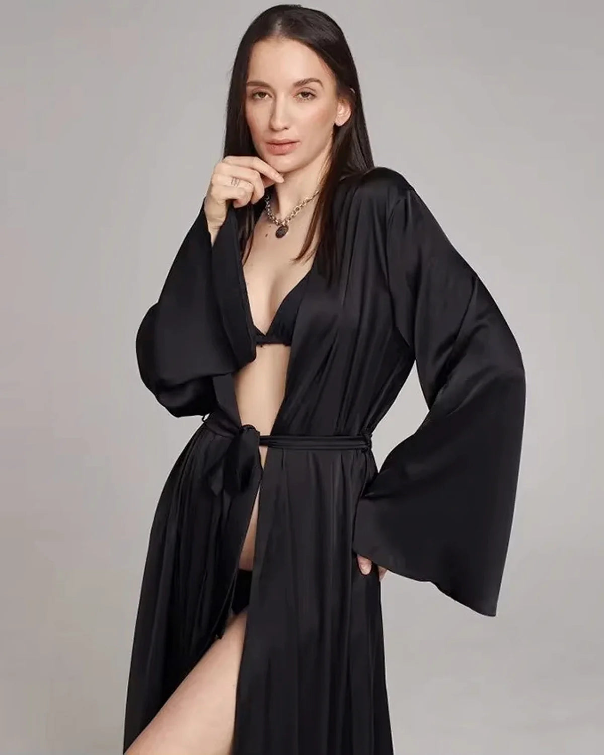 Luxury Long Silk Robe For Women Black