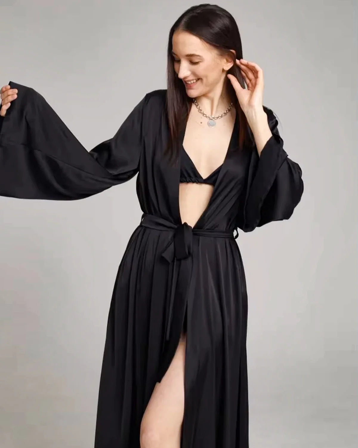 Luxury Long Silk Robe For Women Black