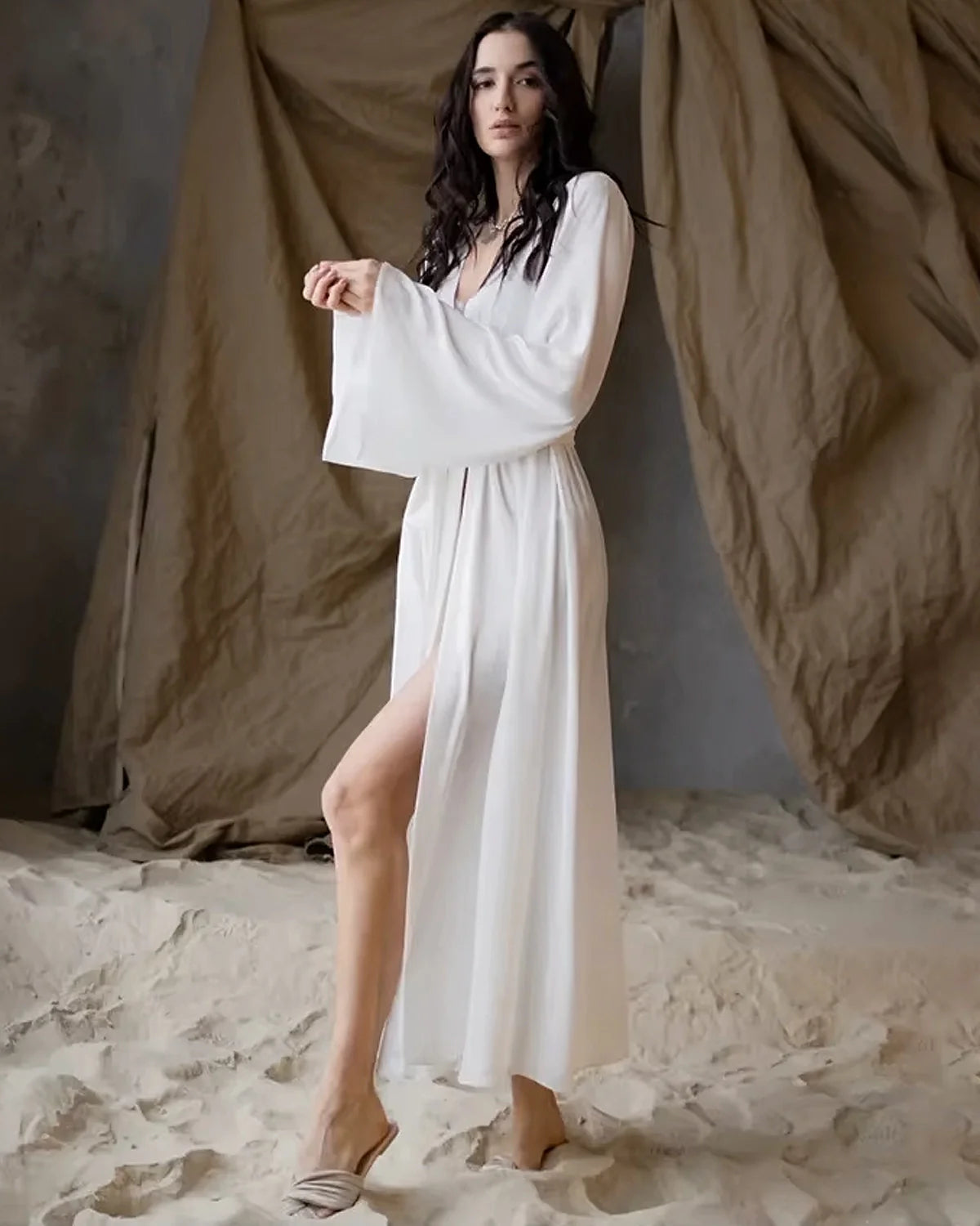 Luxury Long Silk Robe For Women White
