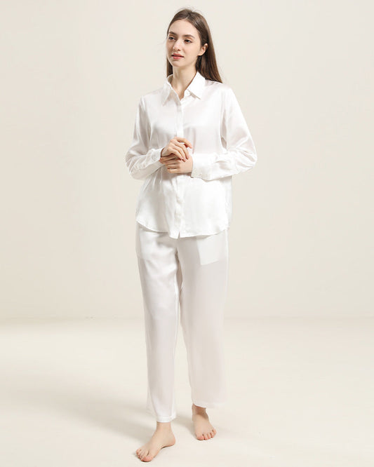 Luxury Silk Shirt Pajama Set White