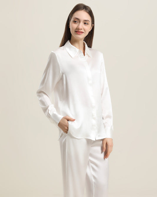 Luxury Silk Shirt Pajama Set White