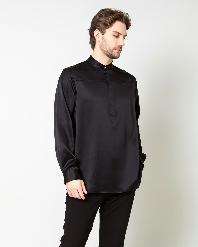 Men Silk Casual Long Sleeve Shirt Black