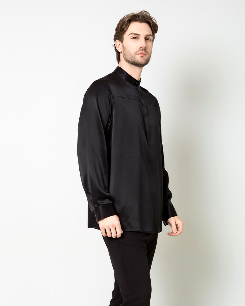 Men Silk Casual Long Sleeve Shirt Black