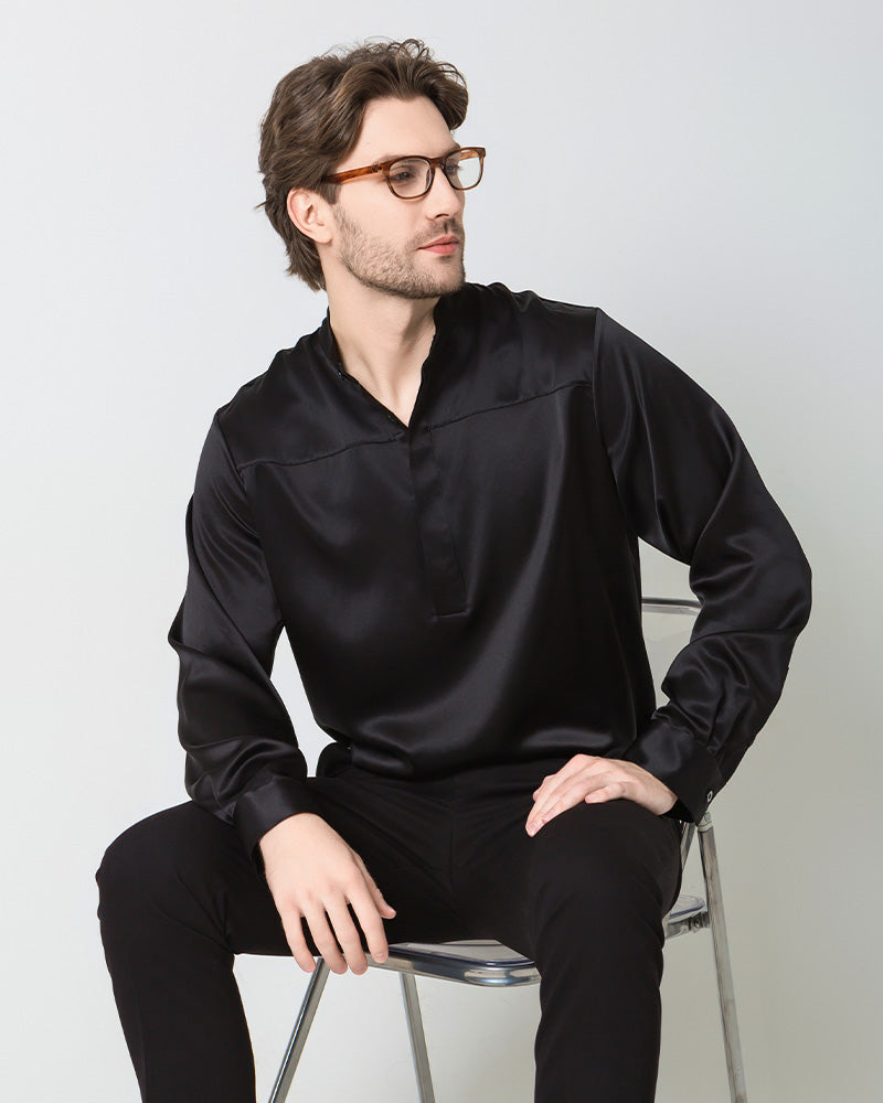 Men Silk Casual Long Sleeve Shirt Black
