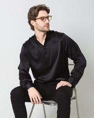 Men Silk Casual Long Sleeve Shirt Black