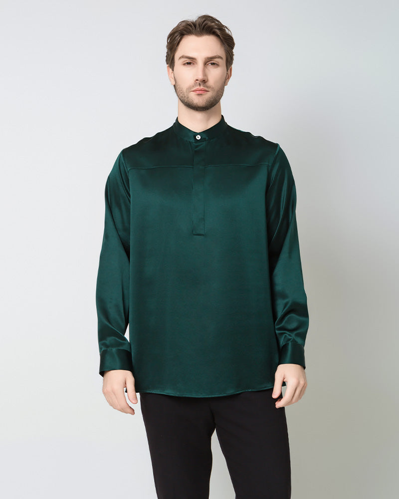 Men Silk Casual Long Sleeve Shirt Green