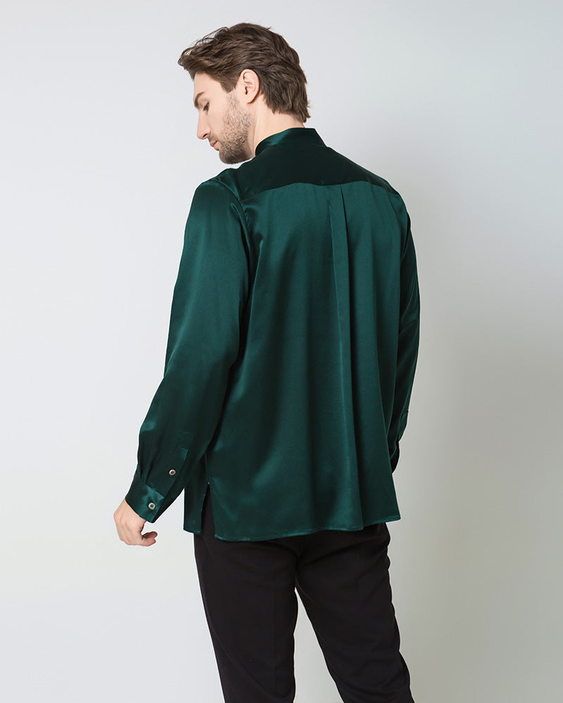 Men Silk Casual Long Sleeve Shirt Green