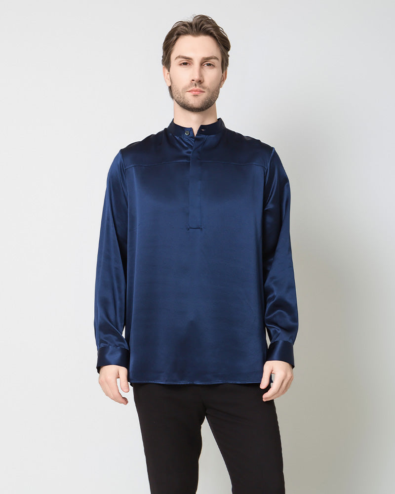 Men Silk Casual Long Sleeve Shirt Navy