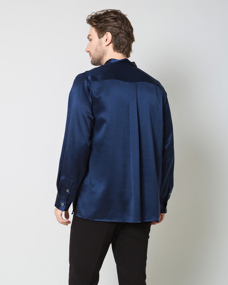 Men Silk Casual Long Sleeve Shirt Navy
