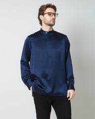 Men Silk Casual Long Sleeve Shirt Navy