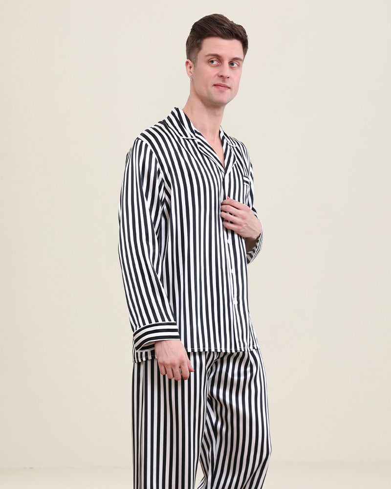 Men Silk Pajamas Set White Stripe Style