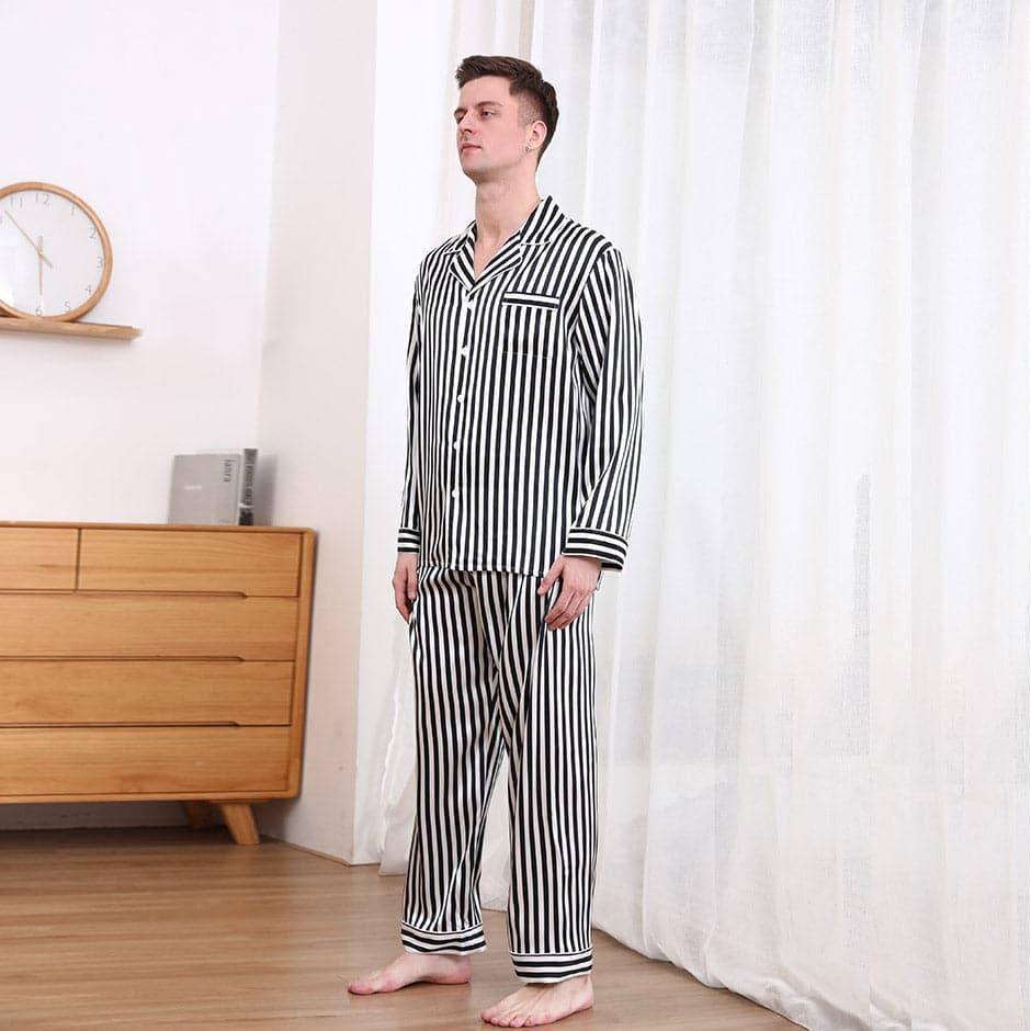 Men Silk Pajamas Set White Stripe Style