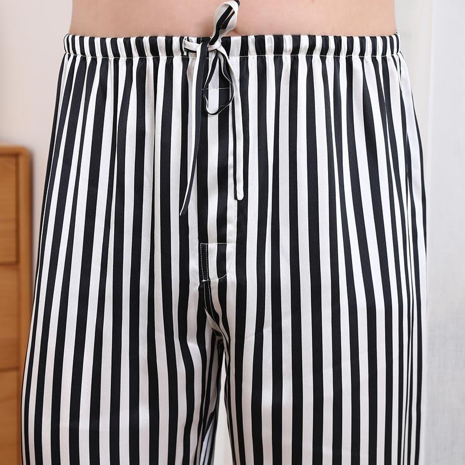 Men Silk Pajamas Set White Stripe Style
