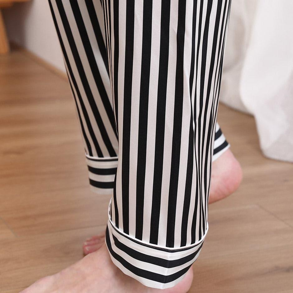 Men Silk Pajamas Set White Stripe Style