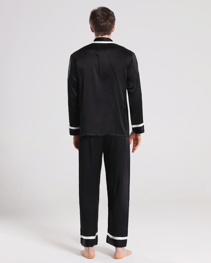 Men Silk Pajamas Sleepwear Set Black