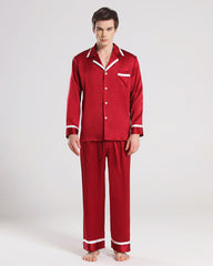 Men Silk Pajamas Sleepwear Set Burgundy