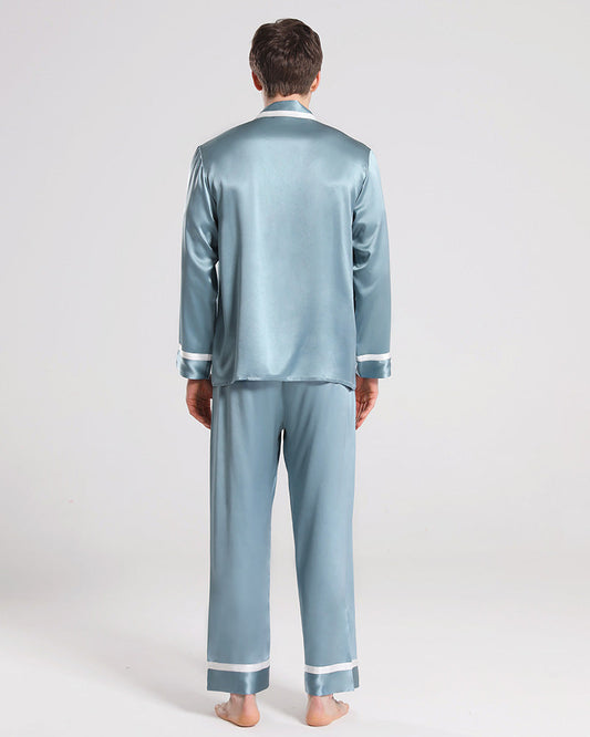 Men Silk Pajamas Sleepwear Set Haze Blue