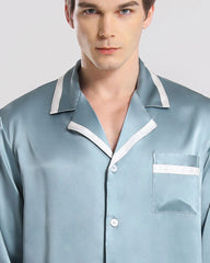 Men Silk Pajamas Sleepwear Set Haze Blue