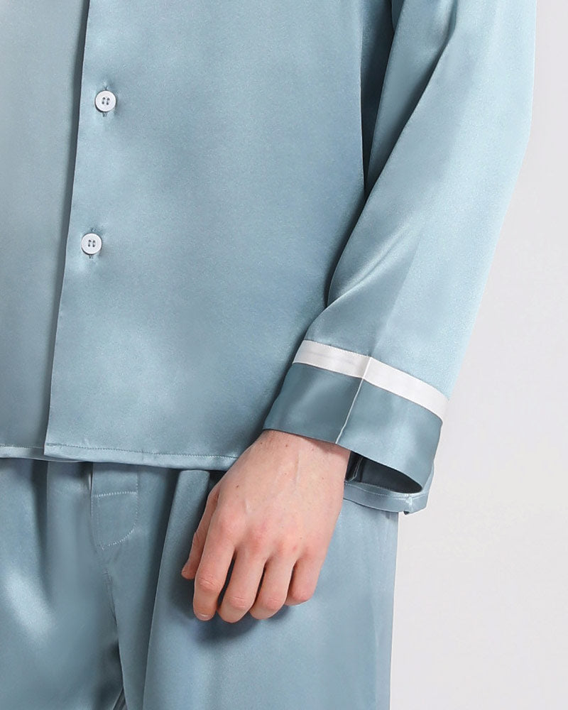 Men Silk Pajamas Sleepwear Set Haze Blue
