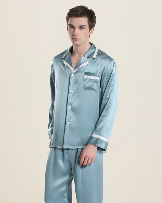Men Silk Pajamas Sleepwear Set Haze Blue