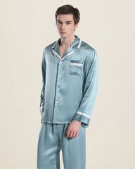 Men Silk Pajamas Sleepwear Set Haze Blue