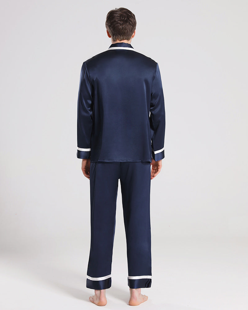 Men Silk Pajamas Sleepwear Set Navy