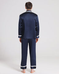 Men Silk Pajamas Sleepwear Set Navy
