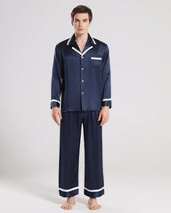 Men Silk Pajamas Sleepwear Set Navy