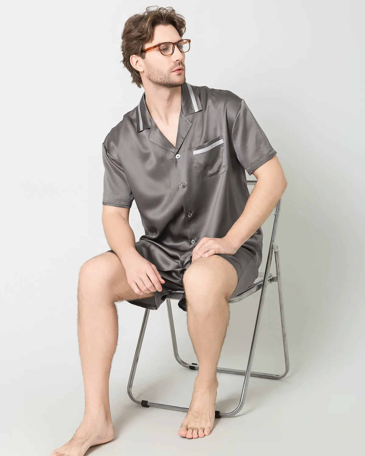 Men's Classic Silk Short Pajamas Set Dark Grey