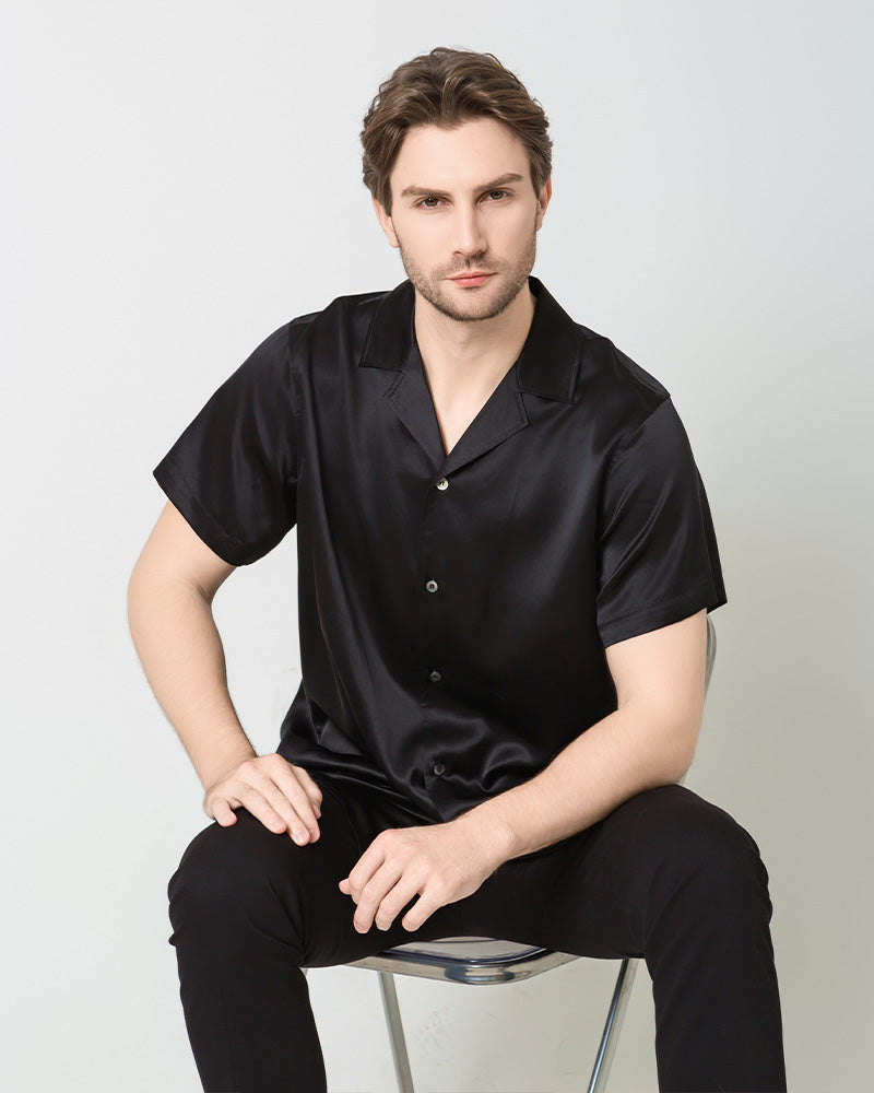 Men's Silk Classic Short Sleeve Business Shirt Black