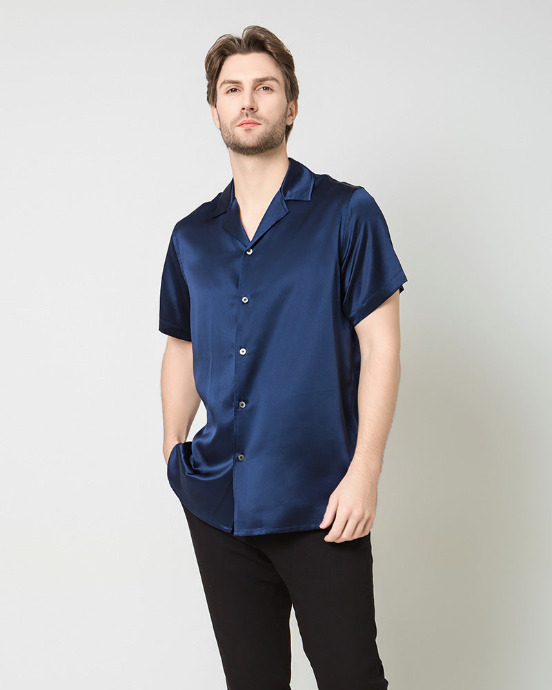 Men's Silk Classic Short Sleeve Business Shirt Navy